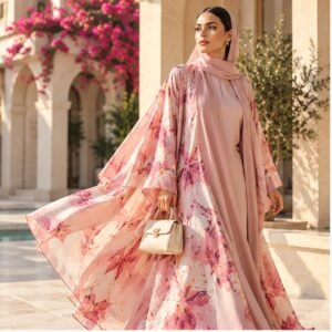 Kaia Women's Chiffon Abaya, Contemporary Abstract Print Modest Maxi Dress